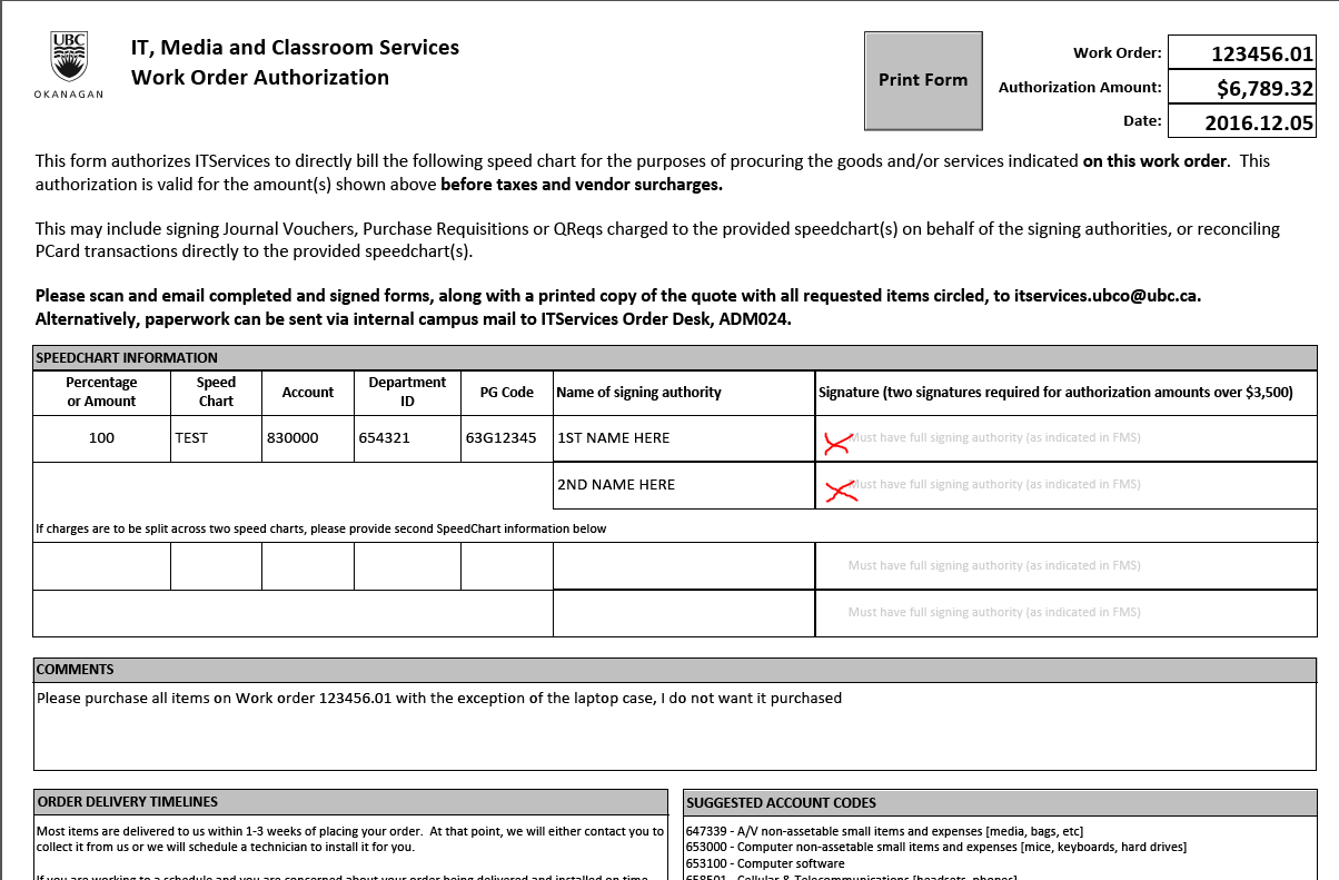 Work Order Authorization Form