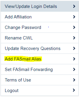 Add FASmail Alias Menu